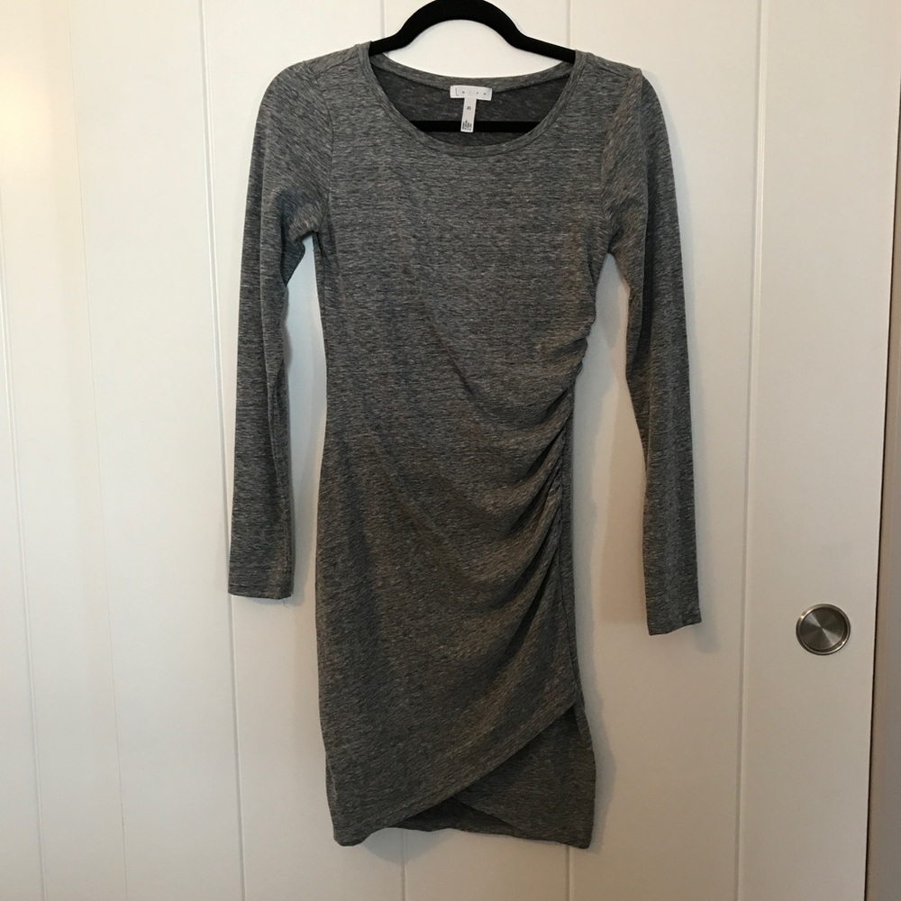 Gray long sleeve dress gathered on the left hip